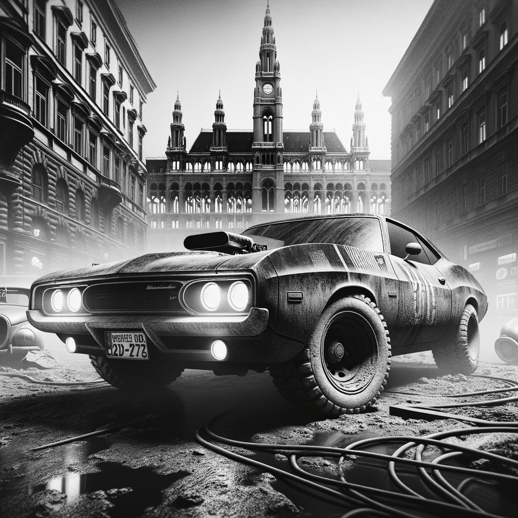 american muscle car in vienna, dirty, volumetric lighting, black and white, cinematic, very detailed, hyperrealistic, cyberpunk