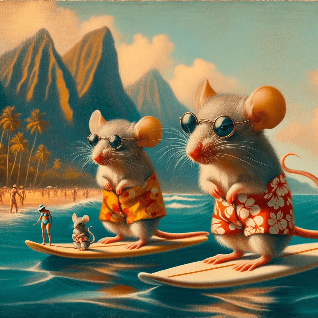 a macro 35mm photograph of two mice in Hawaii, they’re each wearing tiny swimsuits and are carrying tiny surf boards, digital art