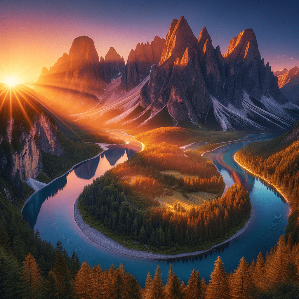 incredible landscape, mountains and a river, ultra wide, sunrise, perfect details, perfect landscape photography